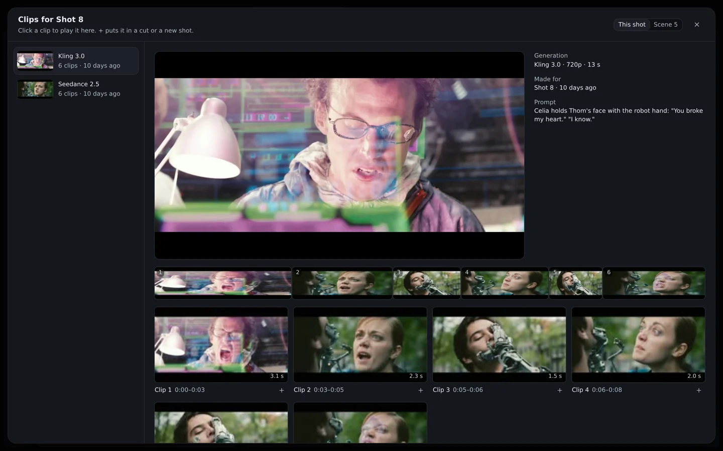 A generation split into its six clips, each a take for any shot