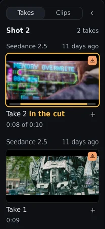 A shot’s takes, grouped by generation, with the take in the cut marked