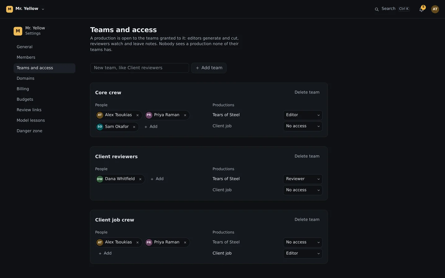 Teams and the productions each one opens as editor or reviewer